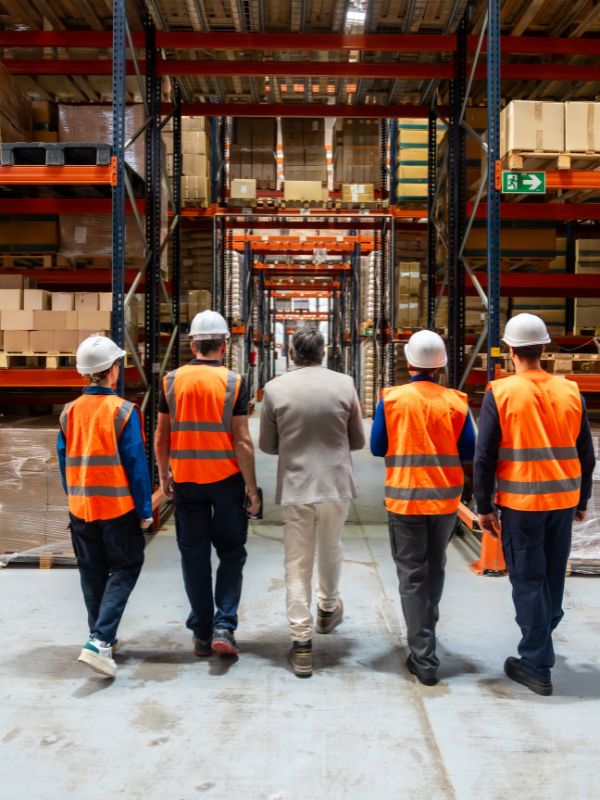 Equipo de ingenieros inspeccionando una nave industrial para la obtención de la licencia de apertura